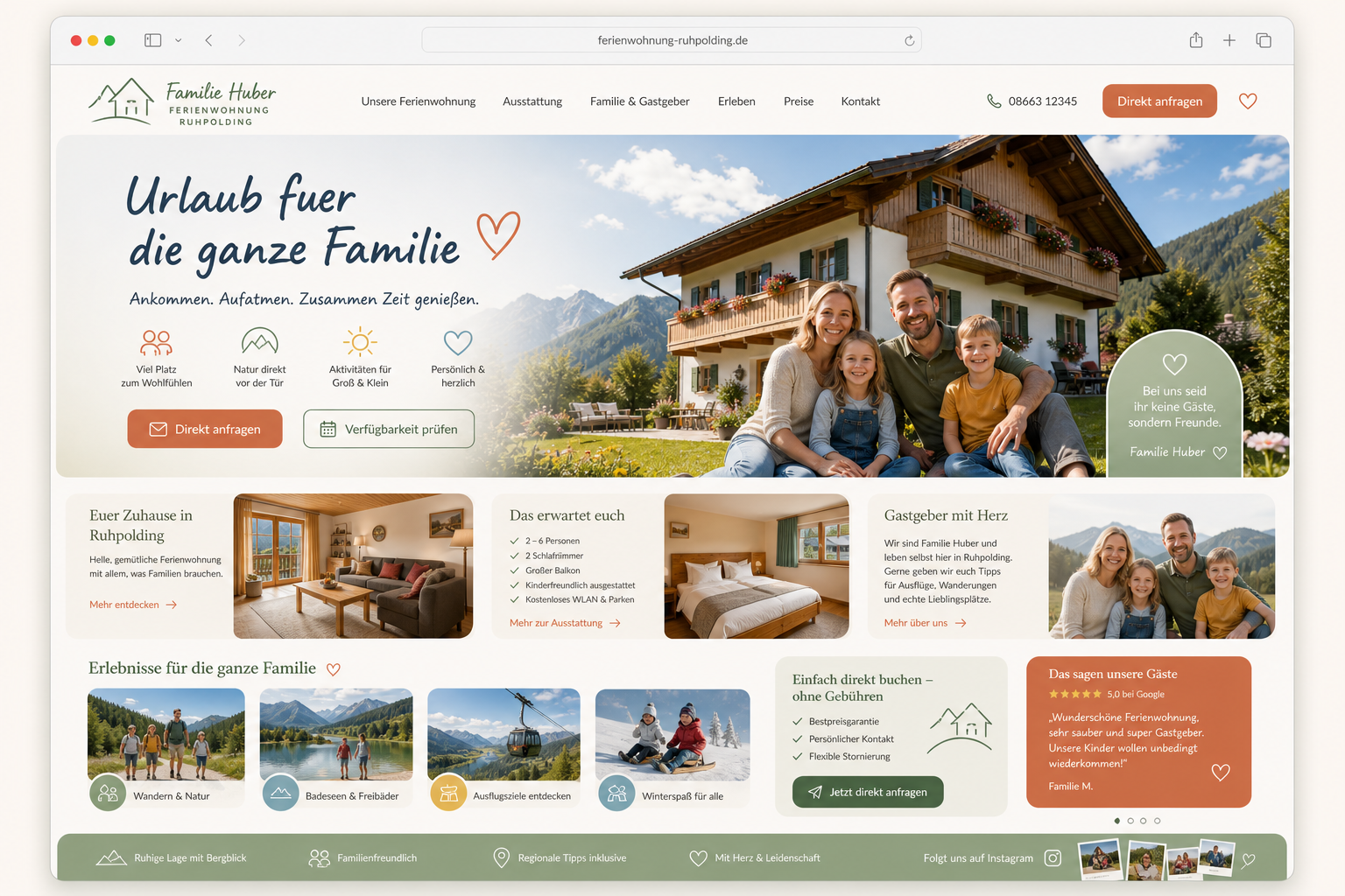 Familiennahes Mockup einer Ferienwohnungs-Website