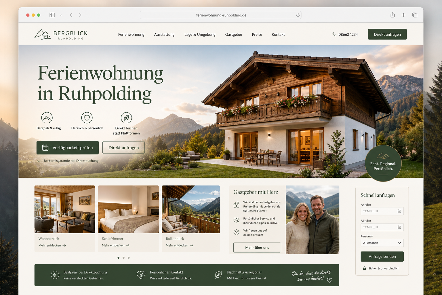 Mockup einer regionalen Ferienwohnungs-Website mit Ruhpolding-Flair